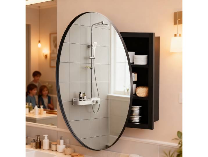 Armoire de salle de bain ronde avec miroir, porte murale, rangement, étagère réglable, mobilier moderne pour maison mobile