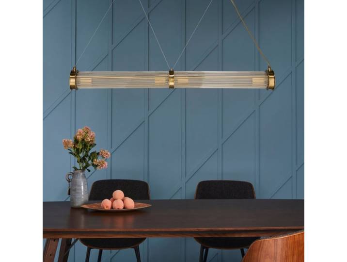 Lustre tube double en verre et métal galvanisé doré - h120 cm