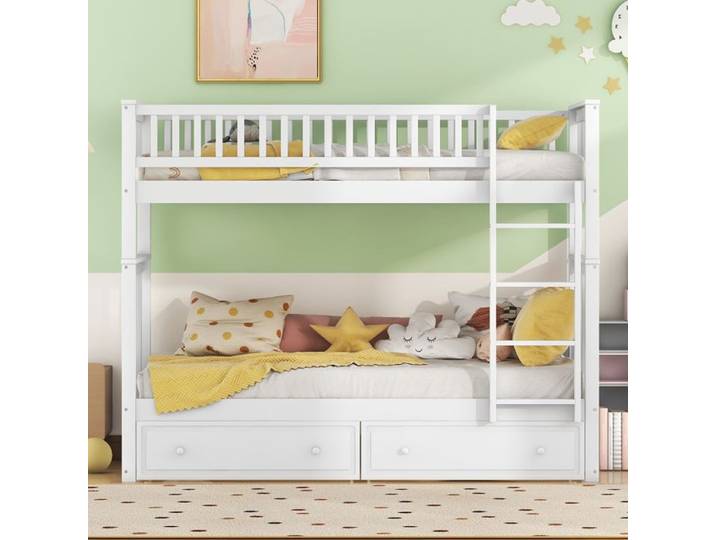 Lit superposé enfant - Aapaas - 90x200 cm - Blanc - Avec tiroirs - Convertible en lits séparés