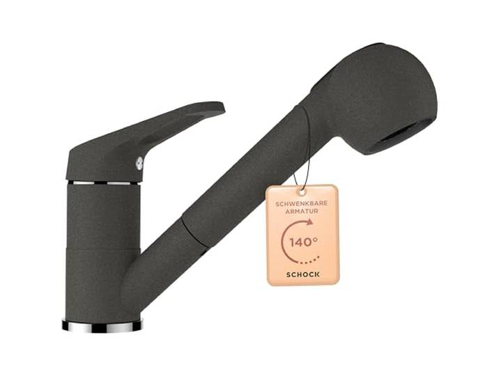 SCHOCK® Küchenarmatur Cosmo Asphalt I Graue Hochdruck Armatur mit ausziehbarer Schlauchbrause I Spültischarmatur mit Strahl- & Brausefunktion I 179 mm Höhe I Flexible Anschlussschläuche 450 mm