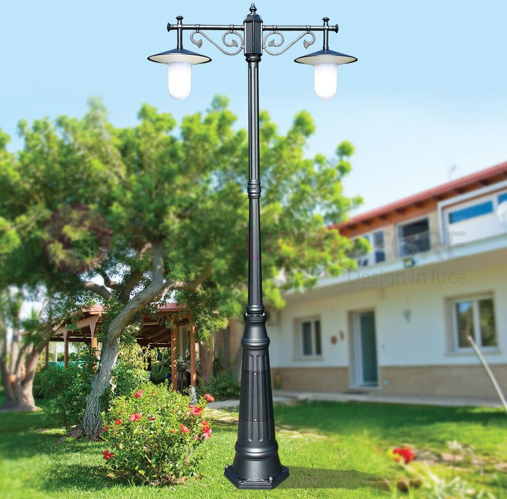 Kairos Antracite Lampione H.230 A 2 Luci Da Esterno Giardino Con Piattini D.30