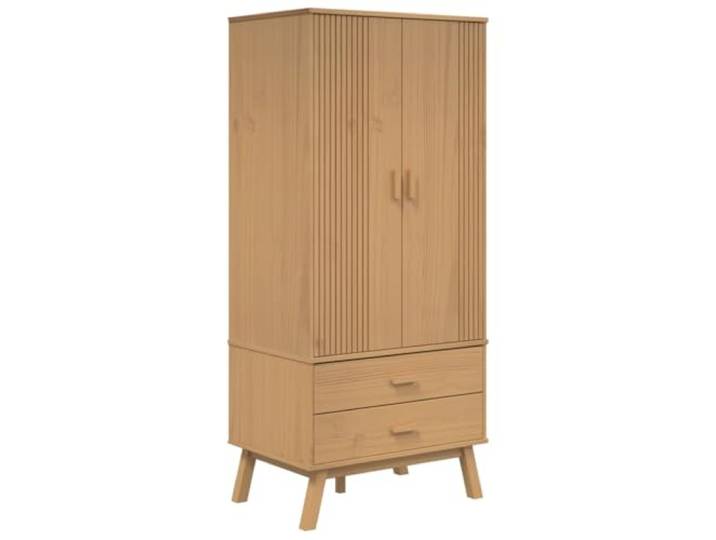 OLDEN Schrank Kiefer Massivholz, Braun, 76,5x53x172 cm, 2 Schubkästen Massivholz, 2 Schubladen, 1 Kammer, Holzgriffe, Holzfüße, skandinavisches Design, stabile Konstruktion