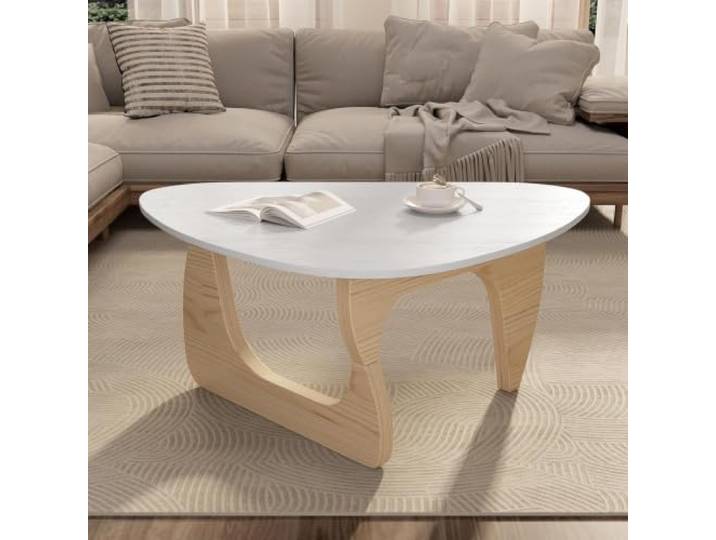 Couchtisch Dreieckig Wohnzimmertisch Beistelltisch Holz Nussbaum Stabile Holzkonstruktion, abgerundete Kanten, einfache Montage in Minuten, für Wohnzimmer Lounge(White)