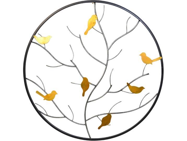 Wanddekoobjekt PAJOMA Wanddekoration , schwarz, T:2cm Ø:81,5cm, Metall, Wanddekoobjekte, Wanddekoobjekt, goldene Vögel auf Herbstzweig, Metall