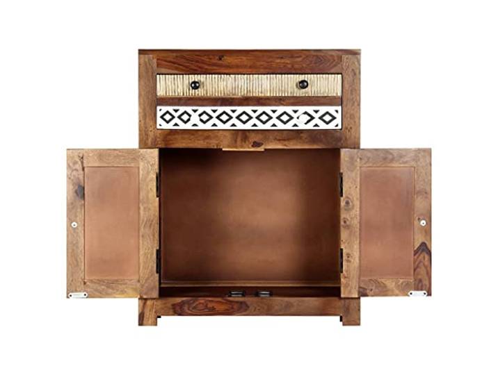 KTHLBRH Sideboard 60 x 30 x 75 cm Massivholz Akazie 1 Schublade, 2 Türen, dekoratives Rautenmuster, glänzend lackiert, Stil der Mitte des Jahrhunderts