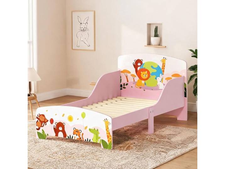 Lit enfant au sol motif animal MDF rose 143x77x60 cm design bas sécurisé