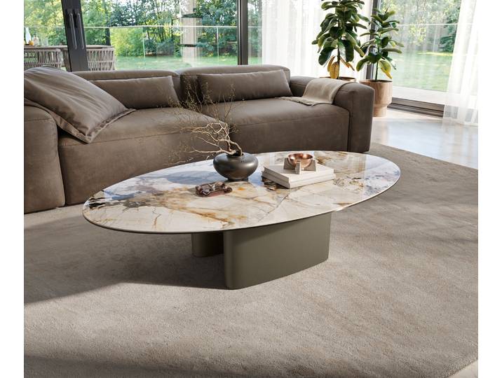 DELIFE Couchtisch Edge Oval 135x80 cm Keramik Patagonia Poliert Ovada Effektfinish Titan, Couchtische
