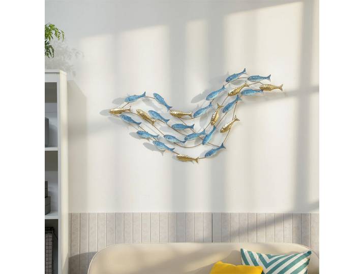 Décoration murale en métal moderne, sculpture murale en métal avec motif de poisson unique, 100 x 50 cm, bleu clair