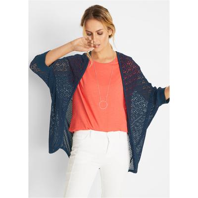 Longstrickjacke BONPRIX, Damen, Gr. 36/38 (S), blau (dunkelblau), Obermaterial: 50% Baumwolle, 50% Polyacryl, bequem, Strickjacken Longstrickjacke, bequeme Passform, mit Lochmuster, casual Stil
