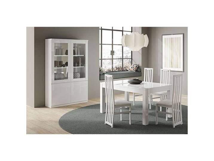 DEYTON - Ensemble Séjour Laqué Blanc Table 138cm + Vitrine avec Leds