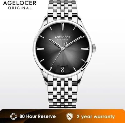 Inspired Finds AGELOCER Budapest Automatic Big Calendar Steel Watch For Men silver Blue Leather