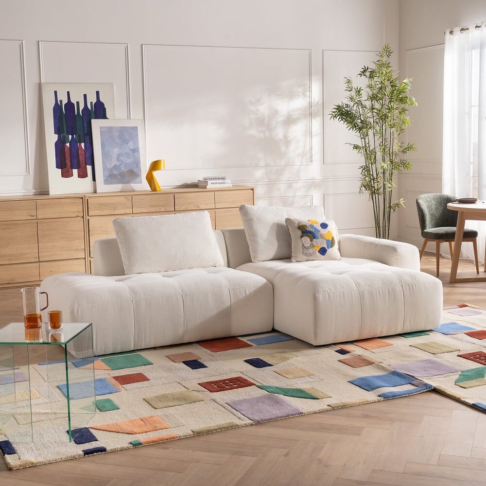 Habitat Grand canapé d'angle droit avec lin - ivoire Blanc 292x90x152cm