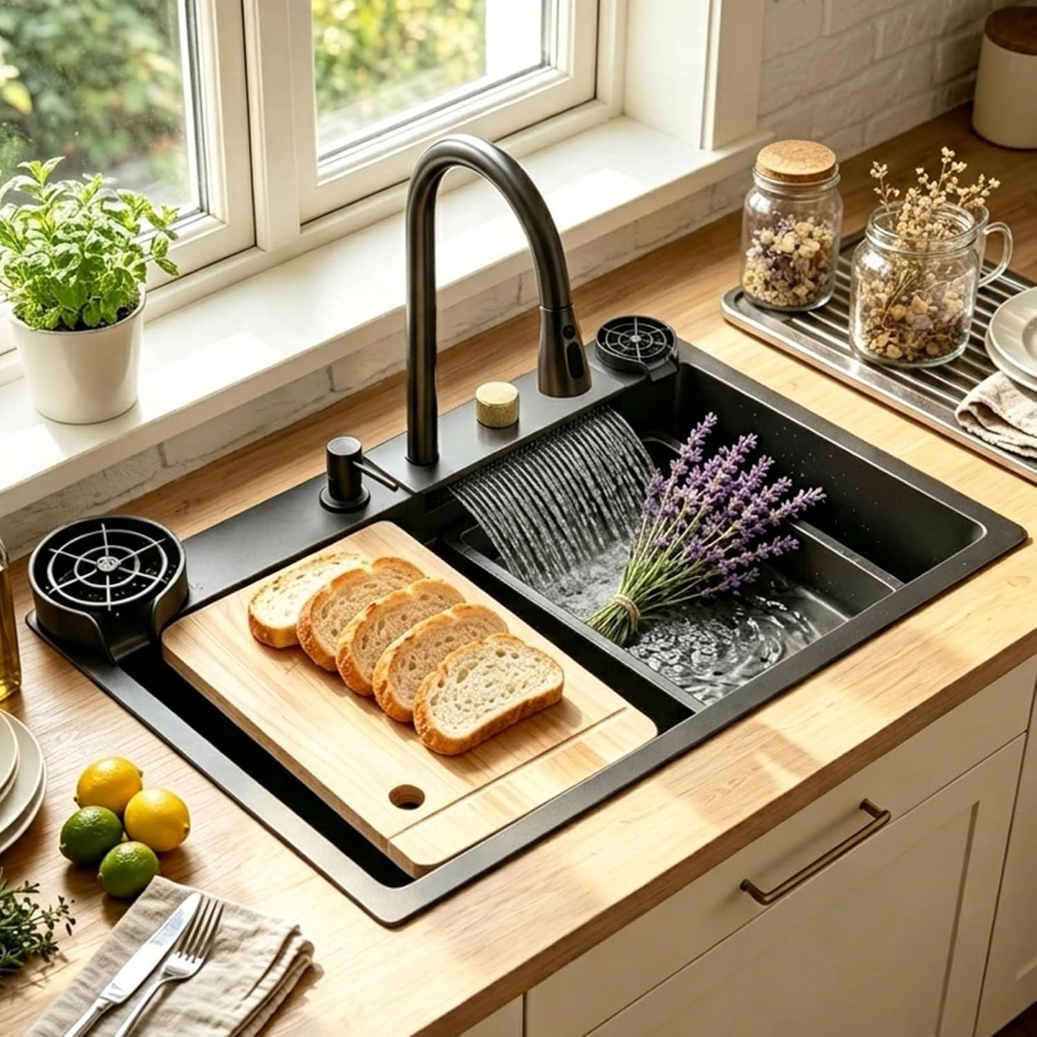 75x50cm Schwarzes abwaschbecken küche, 1 Becken - multifunktions küchenspüle Wasserfall-spülbecken mit ausziehbarem Hochdruckhahn, komplettem Zubehörset Küchenspüle Für Den Arbeitsplatz