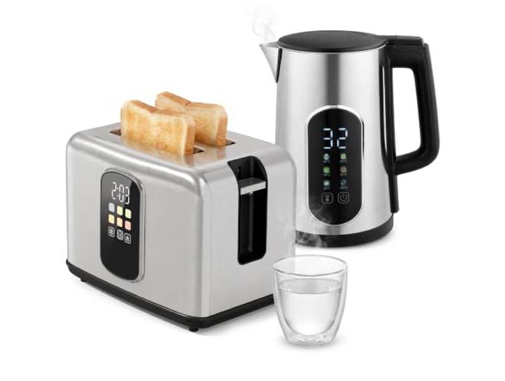HOMCOM Ensemble Bouilloire et Grille-Pain en Inox Écran Tactile LED Argenté Bouilloire Électrique Rapide 2200W 1\,5L\, Fonction Mémoire de Maintien Chaud\, Grille-Pain 2 Tranches\, 6 Niveaux de Brunissage