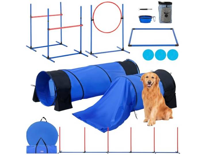 VEVOR Kit Équipements d'Entraînement Agilité pour Chien\, Ensemble 7PCS\, Parcours Obstacles pour Chiot\, Haies Hautes Réglables\, 6 Poteaux\, 2 Tunnels\, Anneau de Saut\, Boîte Pause\, Sifflet\, Bol