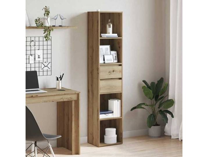 Bibliothèque en bois d'ingénierie - - Chêne artisanal - 36x30x171 cm - 4 compartiments ouverts - 2 tiroirs
