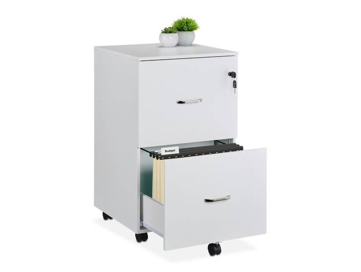 Relaxdays Rollcontainer Weiß abschließbar 2 Schubladen, Holzwerkstoff, Kunststoff, Metall, 43x72x46 cm, Büromöbel, Container