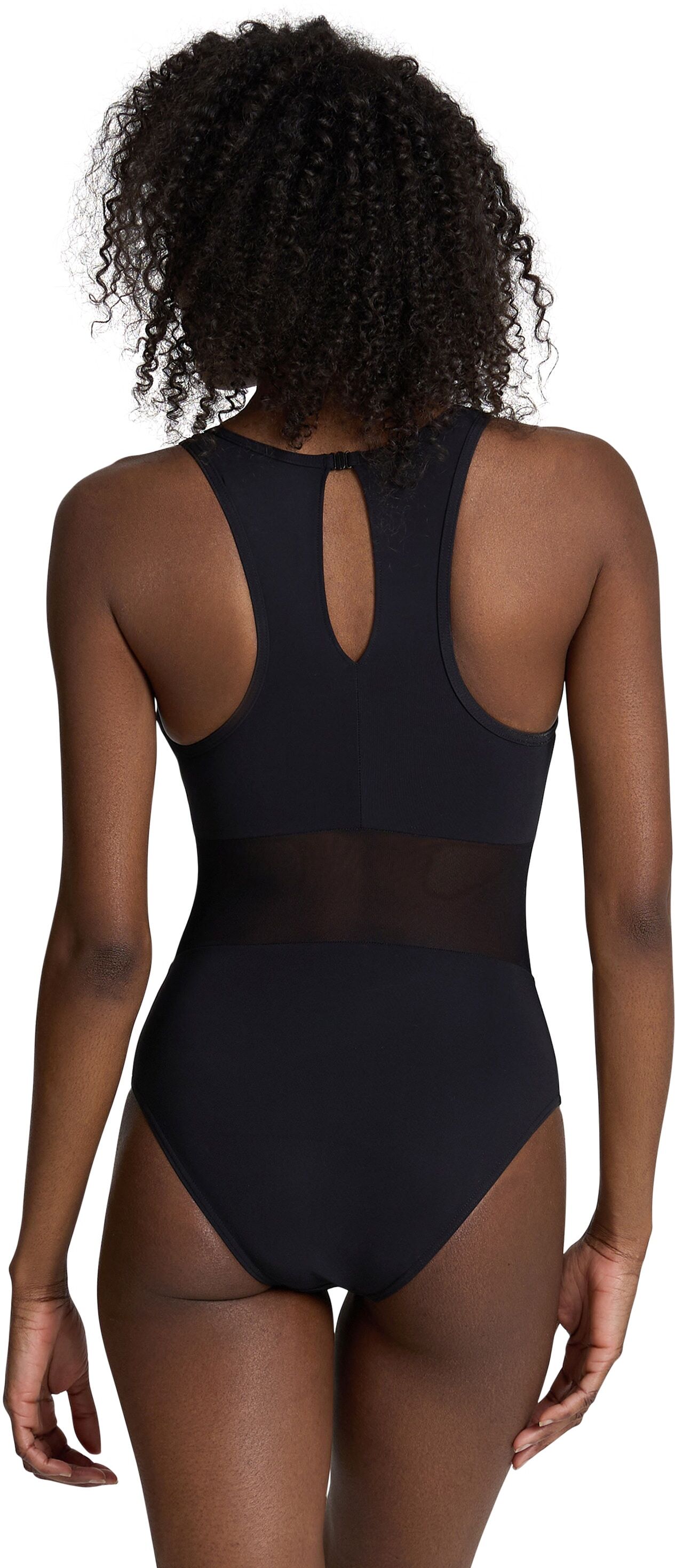 Badeanzug ARENA "arena Feel Damen Mesh Panels Vent Back Badeanzug", Damen, Gr. 44, N-Gr, schwarz, Obermaterial: 74% Polyamid, 26% Elasthan, Badeanzüge Badeanzug, Mit transparenten Einsätzen schwarz 44, N-Gr