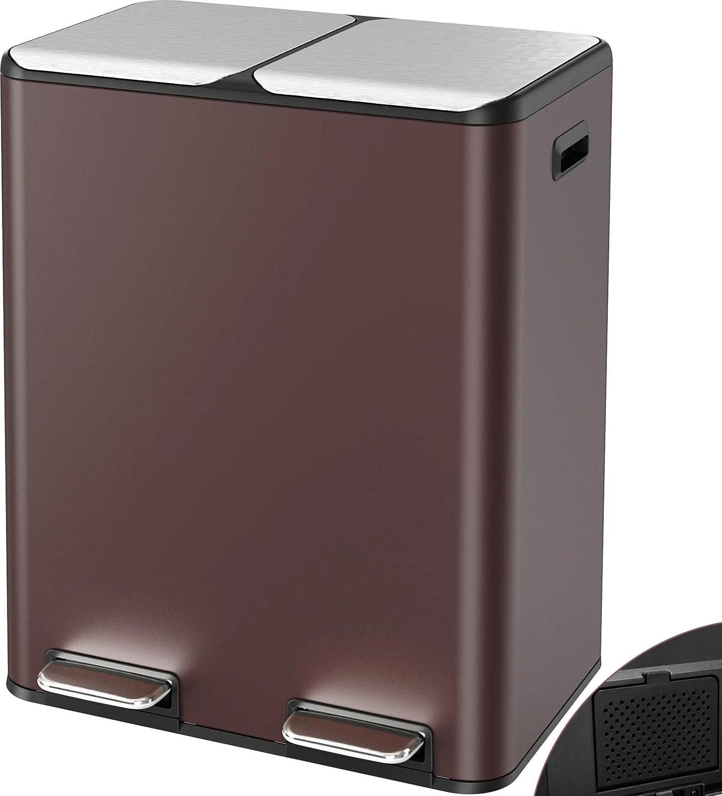 Doppel-Mülleimer 60 L - Tretmülleimer - Zwei Fächer - Edelstahl - Integrierter Filter - Rechteckig - 50,8×32,3×66 cm - Braun