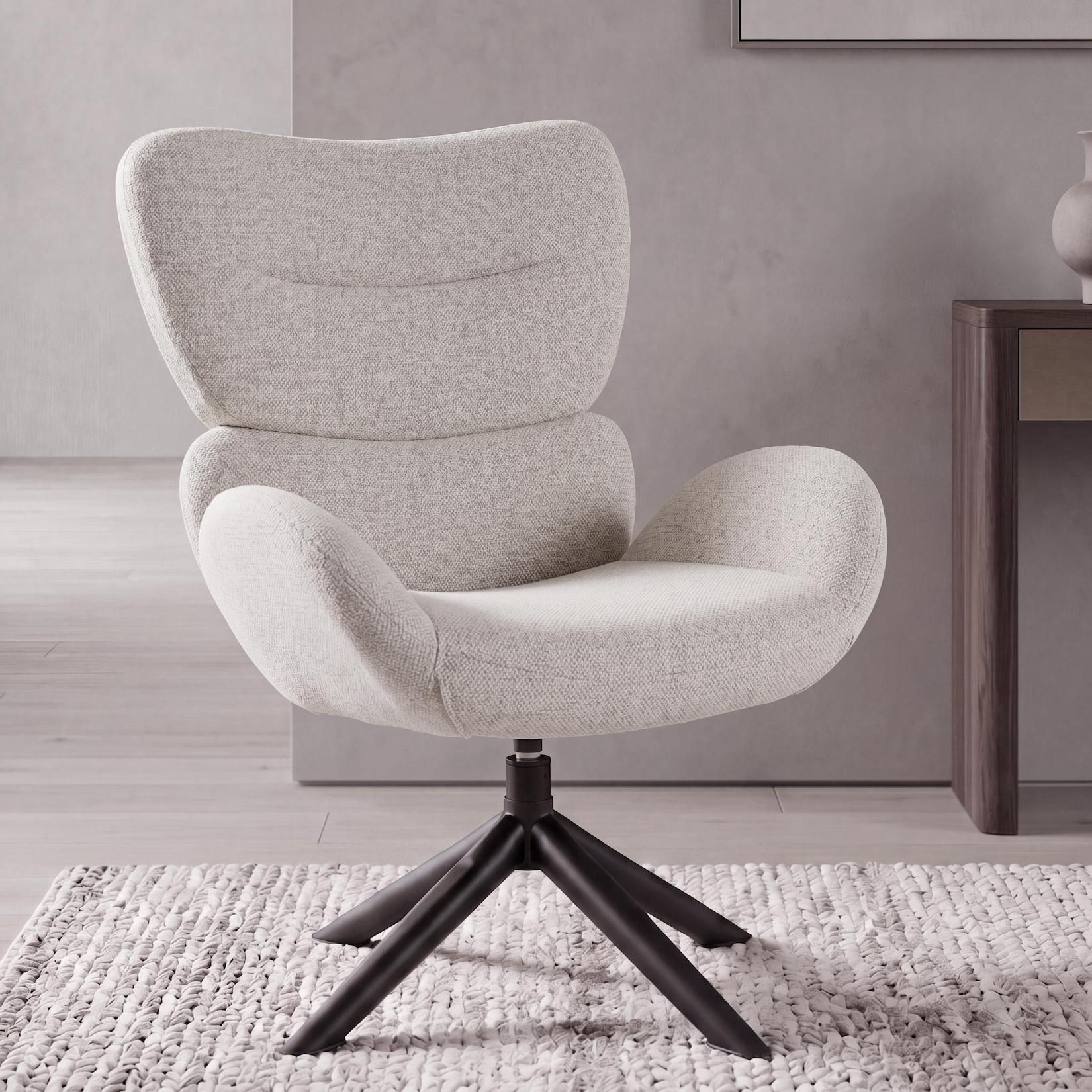 Loungestuhl MCW-Q53, Sessel Loungesessel Esszimmerstuhl, drehbar Metall Chenille (420g/m²) ~ creme