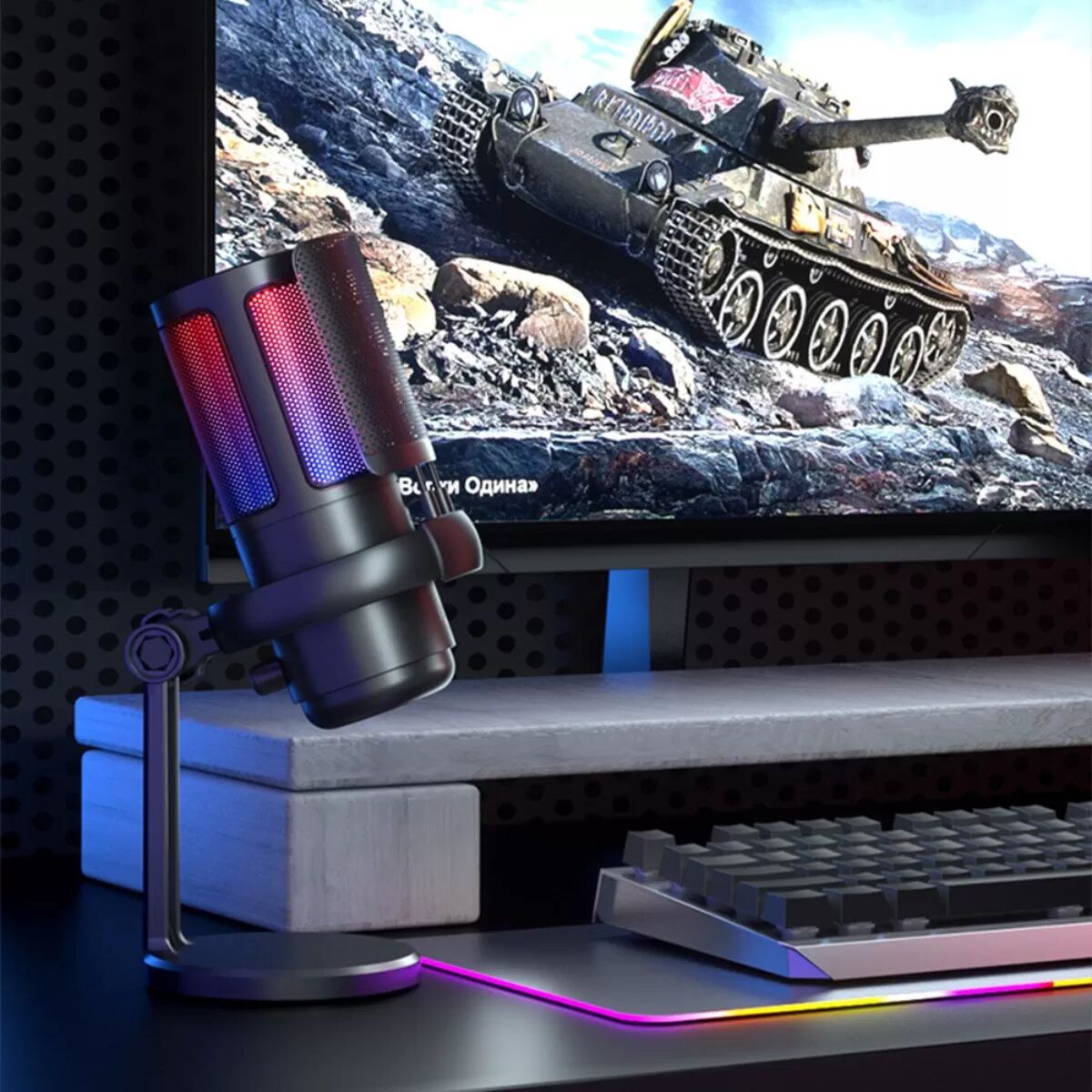 INF USB-Kondensator-Gaming-Mikrofon mit RGB-Beleuchtung, Null-Latenz-Überwachung und 3,5mm-Kopfhöreranschluss – Schwarz