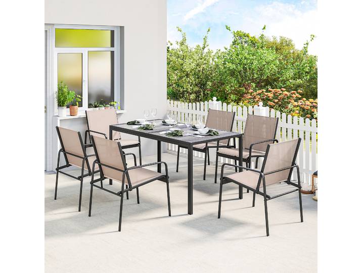 Outsunny Ensemble Table Effet Bois & 6 Chaises Respirantes Kaki