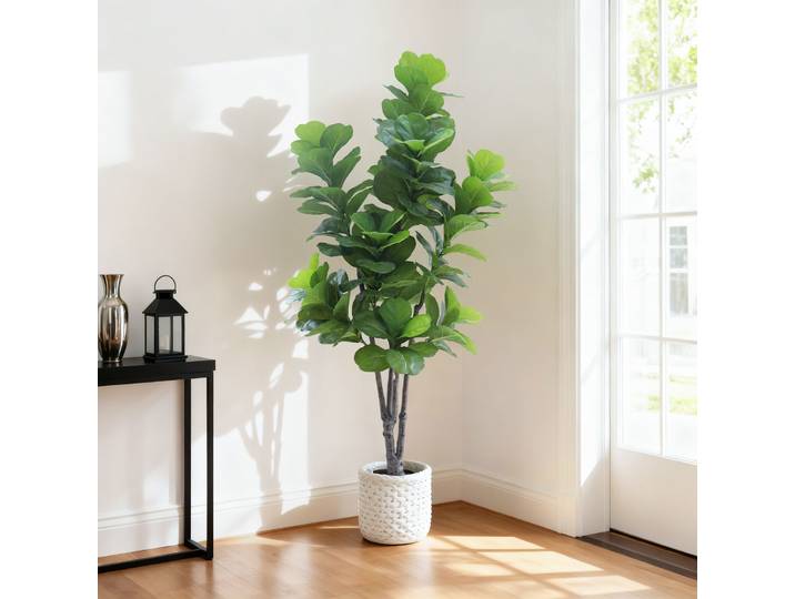 Arbre de figue artificiel en feuille de violon, 5/6/7 pieds, Faux Ficus Lyrata, avec Pot de jardinière blanc, fausses plantes de sol pour la maison, le bureau et l'intérieur