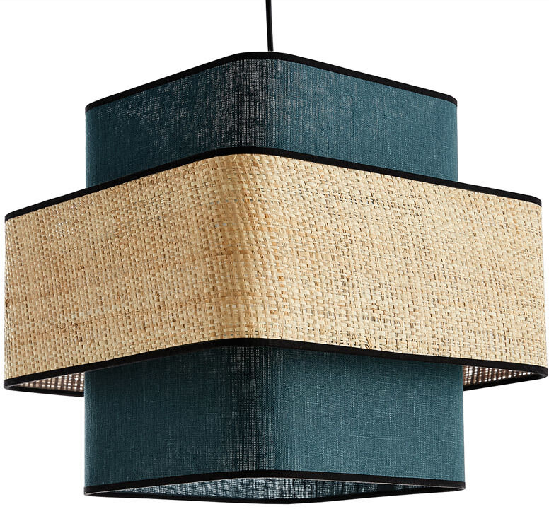 Miliboo Würfelförmige Pendelleuchte aus entenblauem Leinen und naturfarbenem Bast L35 cm TERA