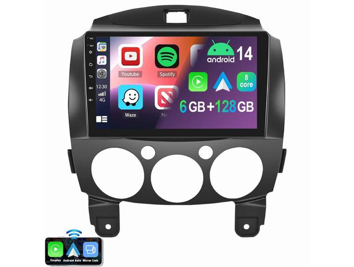 ESSGOO Für Mazda 2 2007-2013 Android 15 6+128G 8-Kern Autoradio (RDS, Digitalradio (DAB), FM, AM, Apple Carplay Android Auto GPS Navi WIFI BT)