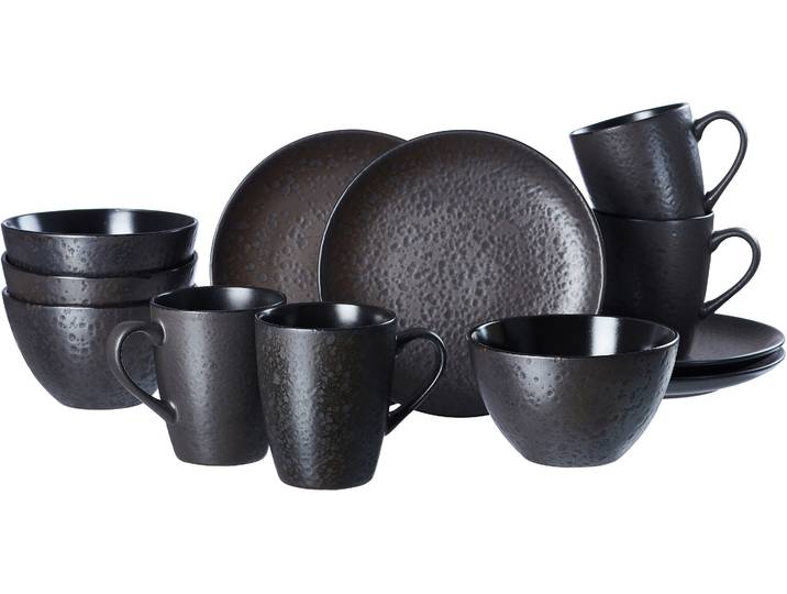 Frühstücks-Geschirrset RITZENHOFF & BREKER Service, Kitwe (Teller, Schale, Kaffeebecher) , schwarz, 12 Stk., Steinzeug, Geschirr-Sets, Frühstücks-Geschirrset, seidenmatter Schwarzton mit Kupferstich, 12 Teile, für 4 Personen
