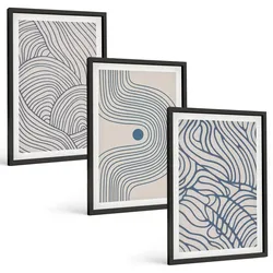 BILDER SET 3er Set - 40x60 cm Schwarzer Rahmen - Abstrakte Linien, Wellenformen
