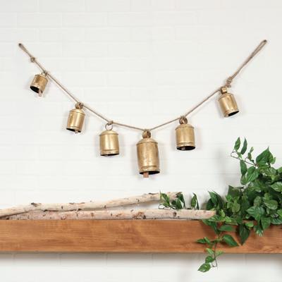ARCILLA ELEMENTAL Gold Metal Tibetan Inspired String Hanging Decorative Cow Bell with Jute Hanging Rope