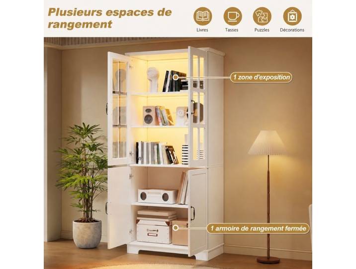 Armoire haute blanche vitrine avec portes en verre 5 niveaux 80x38x180cm