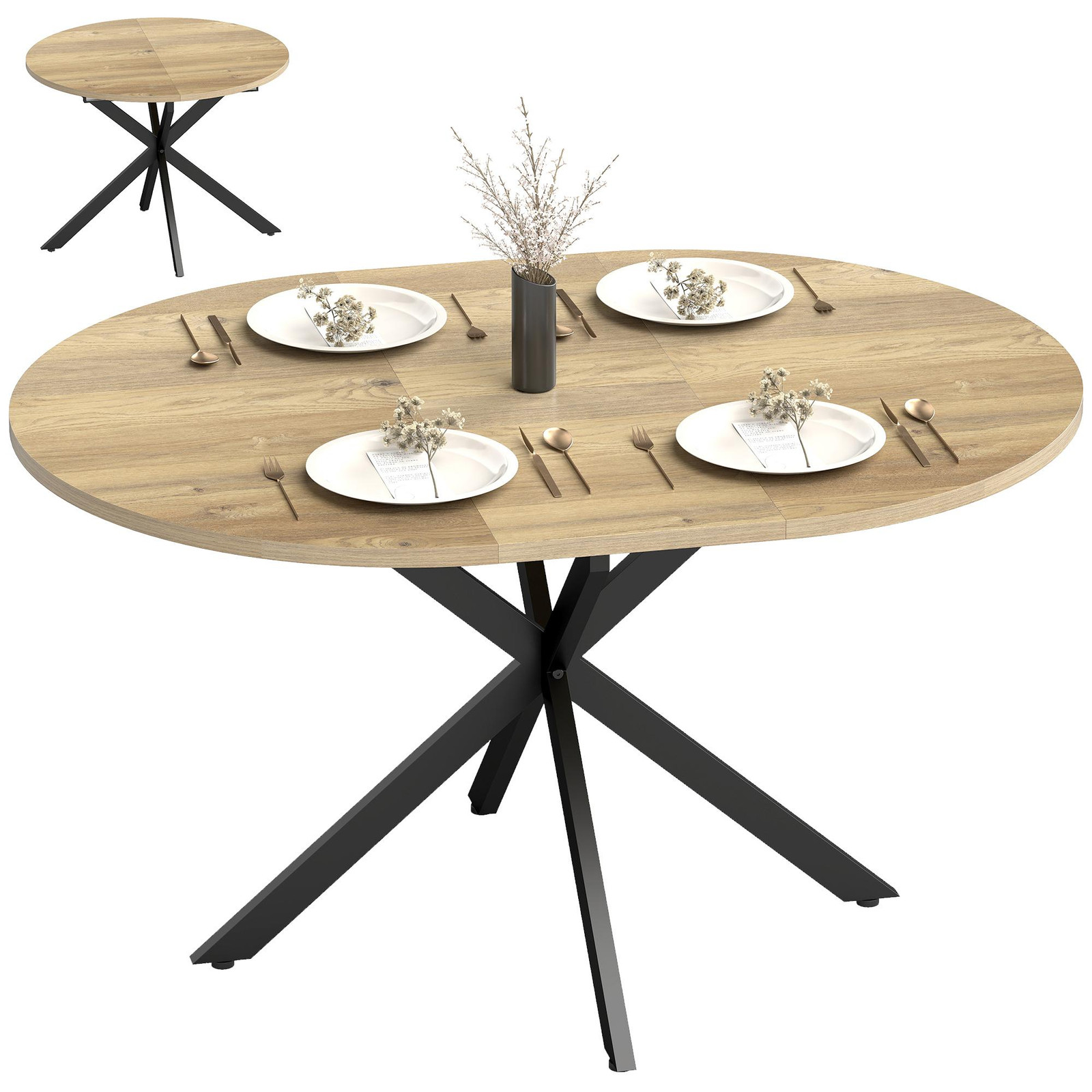 MH Handel Uitschuifbare ovale eettafel met vlinderblad en spinnenpoten, industrieel stijl, naturel