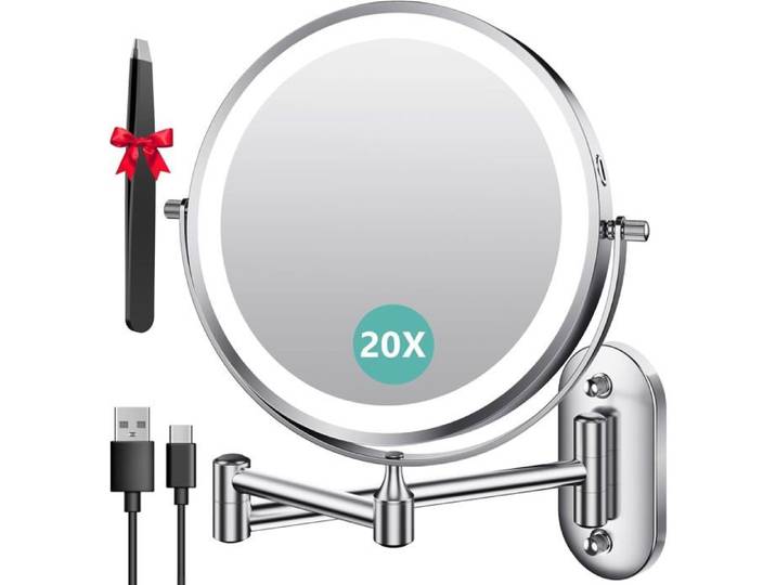 8 Pouces Miroir Grossissant Lumineux Mural x20 Miroir Grossissant Mural avec 3 Modes de Couleur Écran Tactile 360°
