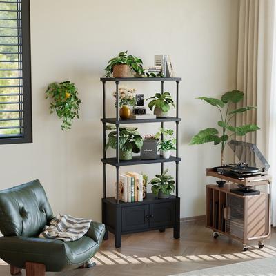 SUGIFT 4-Tier Open Bookshelf with 2-Door Cabinet 55-in Tall Industrial Metal Frame Storage Display Shelf for Home Office Black