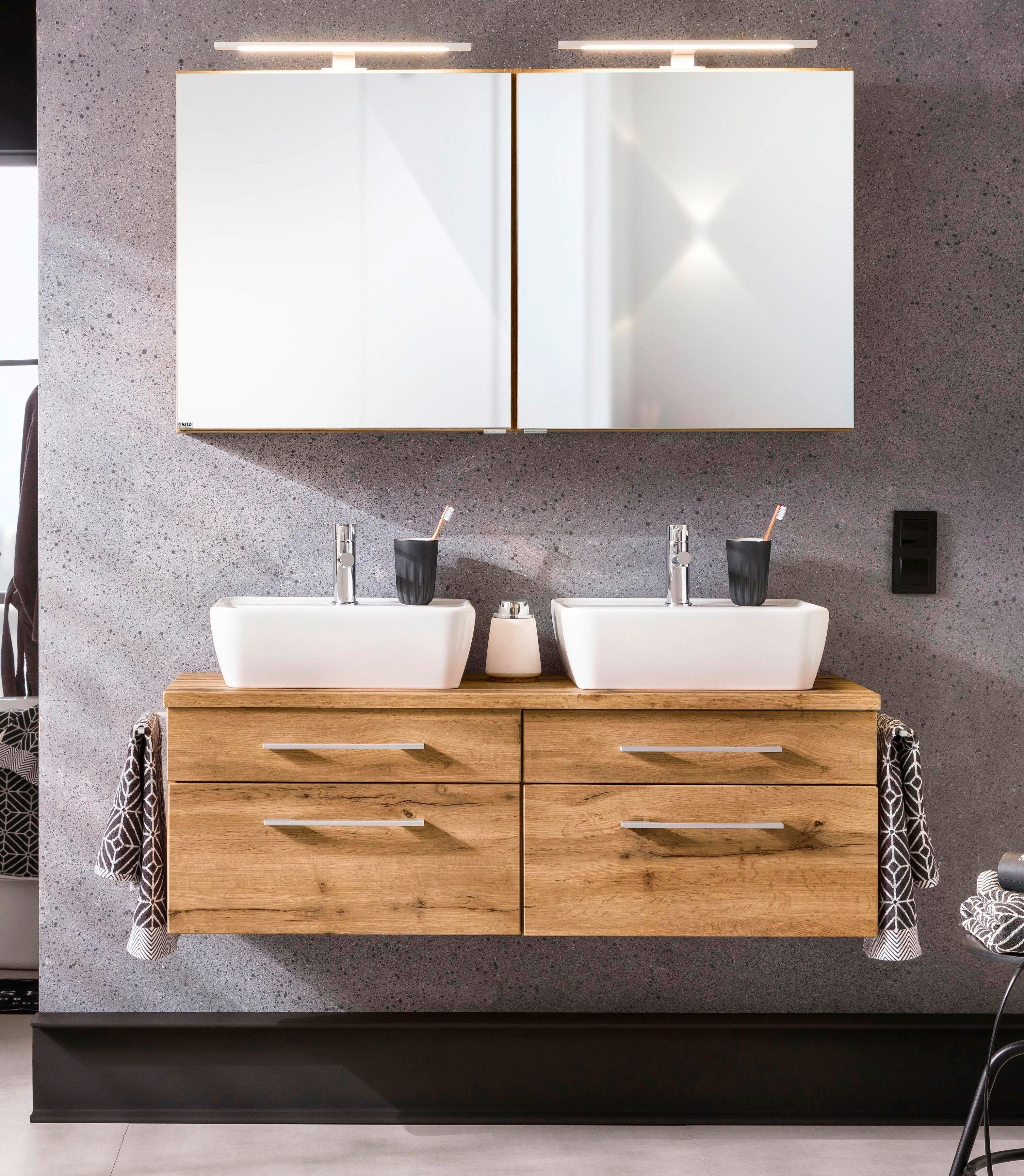 Badmöbel-Set WELLTIME "Davos", braun (eichefarben), Holzwerkstoff, MDF, Melamin, Kastenmöbel-Sets, Badmöbel-Set, 2 Spiegelschrank und Waschbeckenunterschrank eichefarben Einheitsgröße