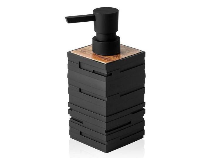 Seifenspender Schwarz Holzoptik, Kunststoff, 6.8x16.5x6.8 cm, Badaccessoires, Seifenspender