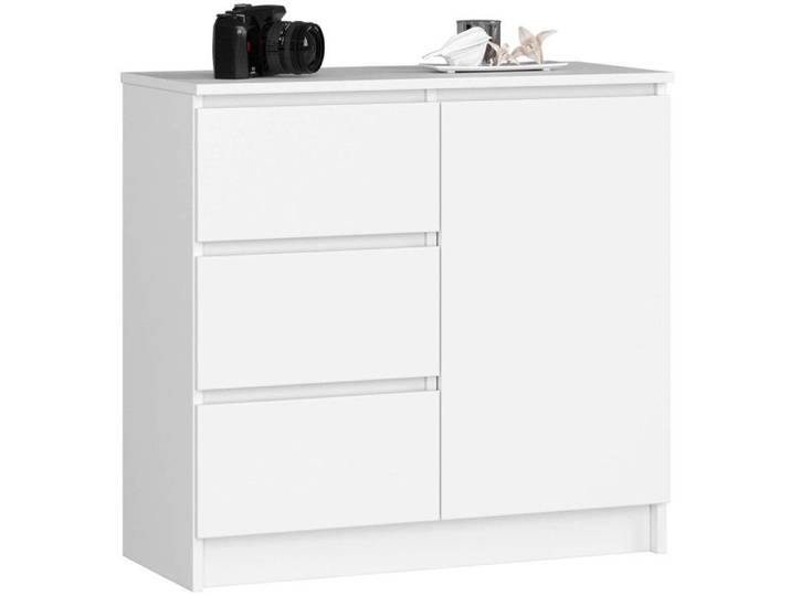 Commode AKORD JERRY Blanche 80 cm 1 porte 3 tiroirs façade Blanche 2 étagères 80x35x77 cm