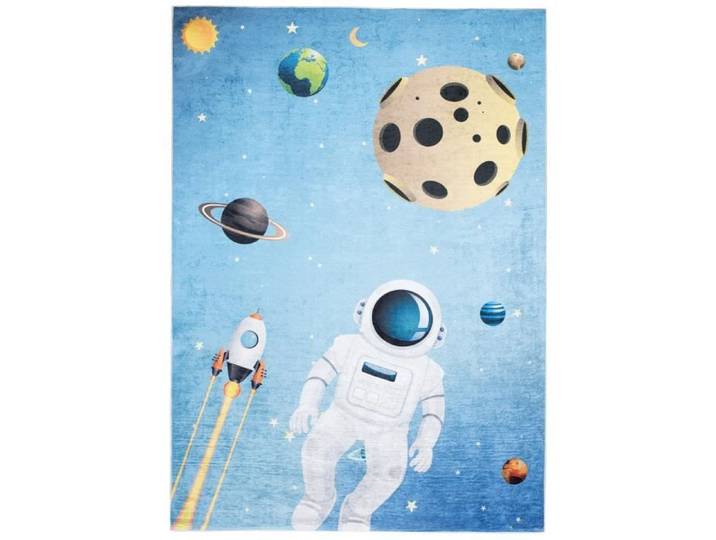 TAPISO Tapis Chambre Enfant Poil Court Antidérapant EMMA Bleu Espace Astronaute Intérieur 80x150 cm