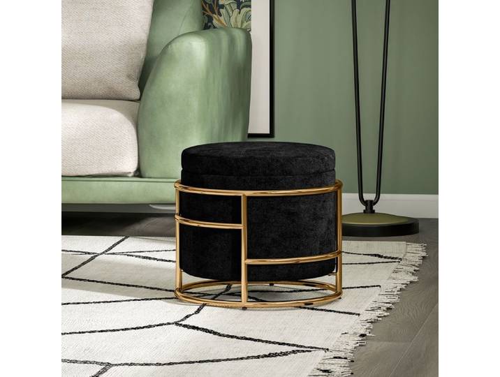 Pouf avec rangement rembourré noir cadre en métal doré repose-pieds