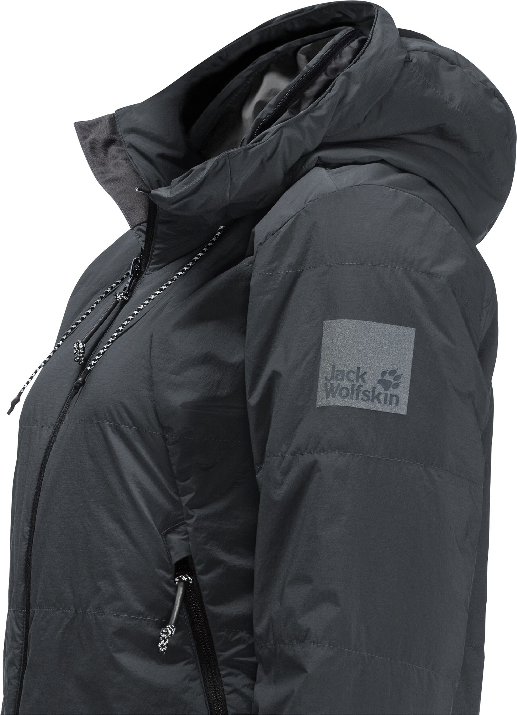 Fahrradjacke JACK WOLFSKIN "BIKE COMMUTE INS JKT W", Damen, Gr. M (38/40), grau (phantom), Obermaterial: 87% Polyamid, 13% sonstige Fasern. Futter: 100% Polyester. Füllung: 100% Polyester, Jacken Fahrradjacke, mit Kapuze, winddicht, wasserabweisend, wärme