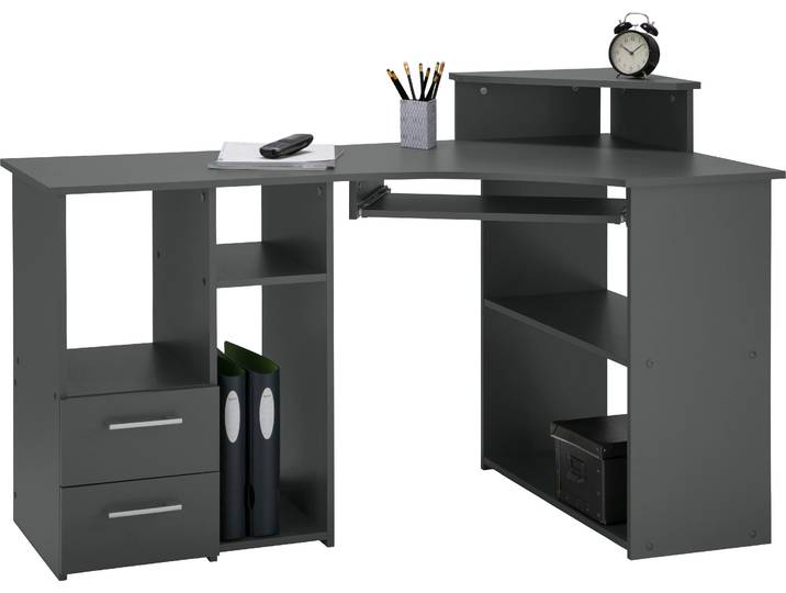 Schreibtisch VOGL MÖBELFABRIK Sam , grau (graphitgrau), B:137cm H:87cm T:73cm, Tische, Schreibtisch, Eckschreibtisch, Tastaturauszug, Monitoraufsatz & opt. Towerfach