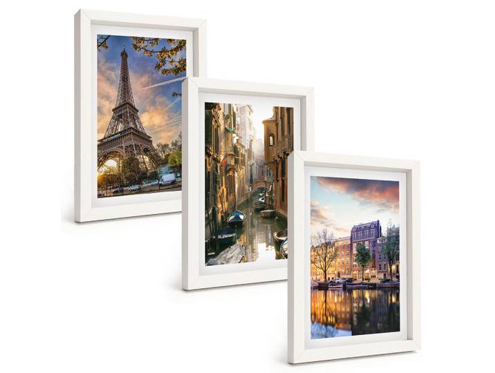 Tulup Bilder SET 3er Set - 20x30 cm Weißer Rahmen - Eiffelturm Venedig Amsterdamer Kanäle, Kunststoff, Rechteckig, 20x30 cm, gerahmt, Bilder & Rahmen, Bilder