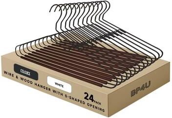 BP4U S-Shaped Opening Metal Coat Hangers with Wooden Pants Bar, Reinforced Wire Clothers Hangers for Sweaters, Shirts