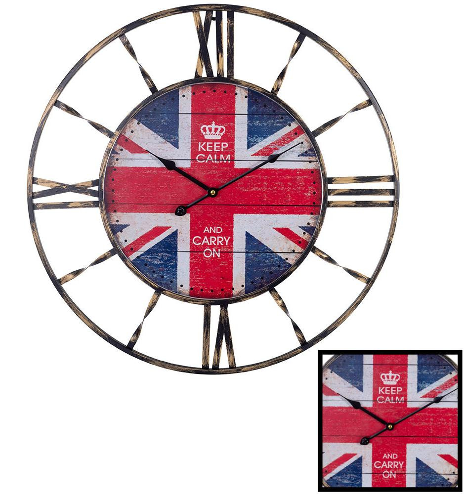 Decopatent XL Ronde Wandklok Industrieel met Engelse Vlag Keep Calm and Carry On - Zwart - Diameter: 60 cm