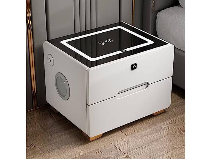 ZFGOJNBH Intelligenter Nachttisch für das Schlafzimmer, Nachttisch mit verstellbaren LED-Leuchten, Hochglanz-Beistelltisch mit 3- und USB-Ladefunktion, Aufbewahrungs-Organizer mit Zahlenschloss (Weiß