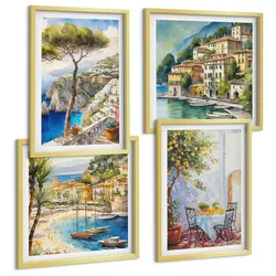 BILDER SET 4er Set - 50x50 cm & 40x60 cm Goldrahmen - Italienische Städte (Aquarell)