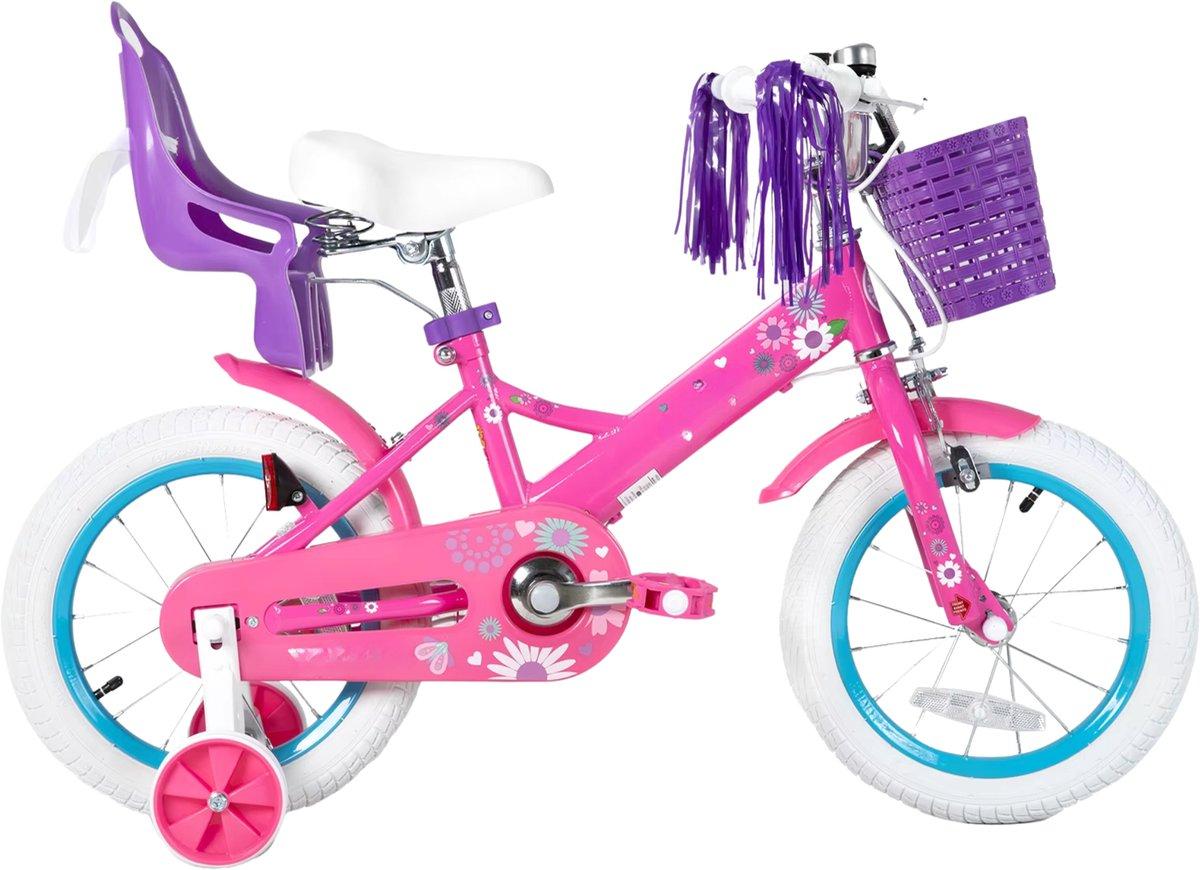 Kinderfahrrad 14 Zoll (35 cm) Unisex - Mit Stützrädern, Korb, Klingel & Puppensitz - Lila