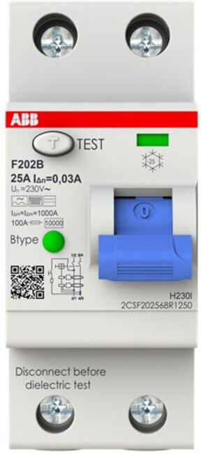 ABB Stotz S&J; Disjoncteur différentiel Type B 2P 25A, 30mA, 3kA, 2 modules F202B-25/0, 03-2TE (2CSF202568R1250)